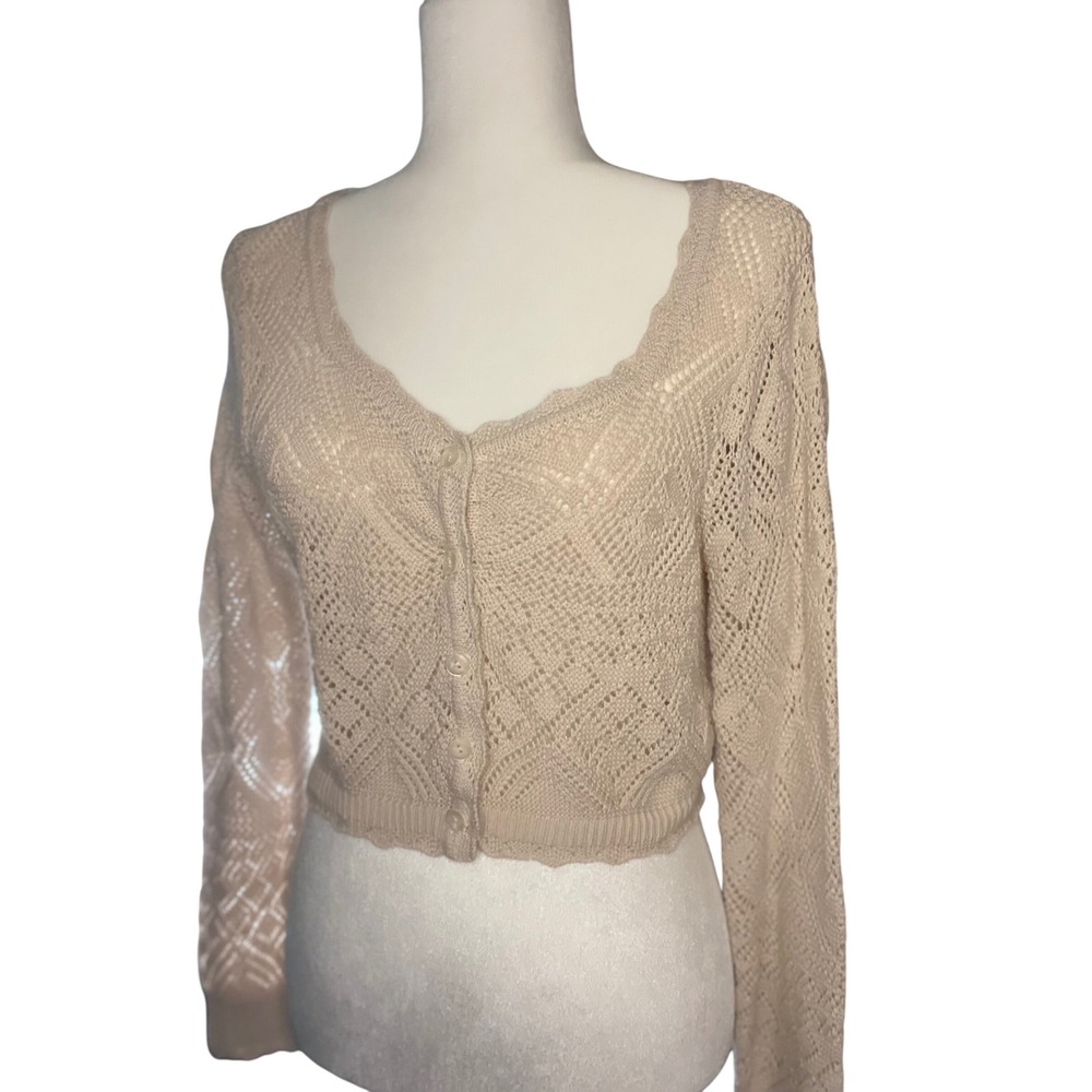 Freshman 1996 Beige Pointelle Knit Cropped Cardigan Sweater Button Front Large